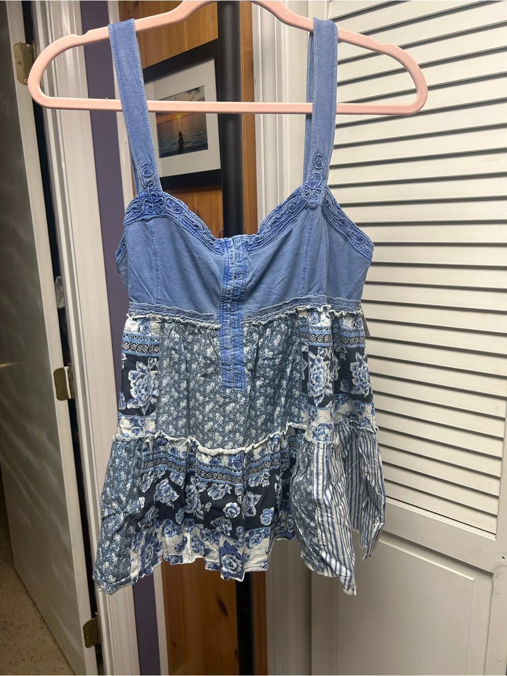 Free People Blue Patchwork Tiered Camisole